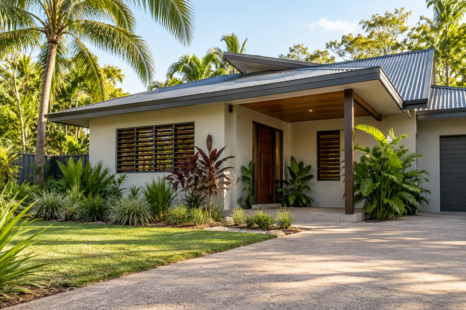 Illustrative image of a contemporary tropical home with a shaded entrance and palm landscaping